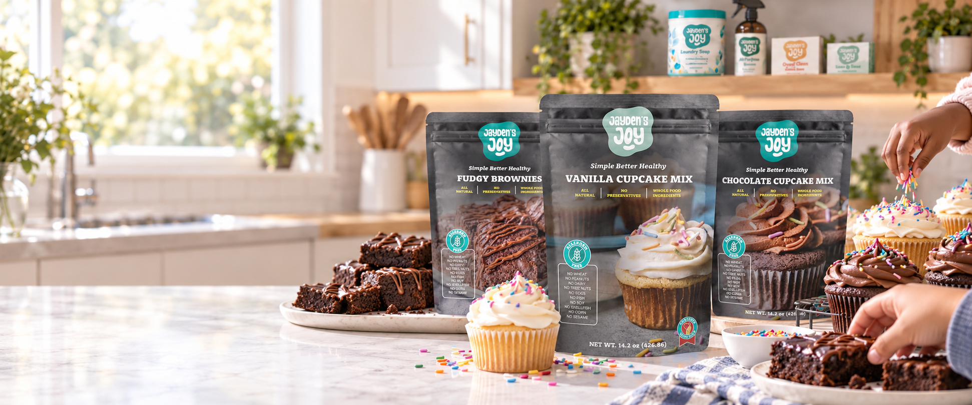 Jayden's Joy baking mixes and finished treats in a bright family kitchen